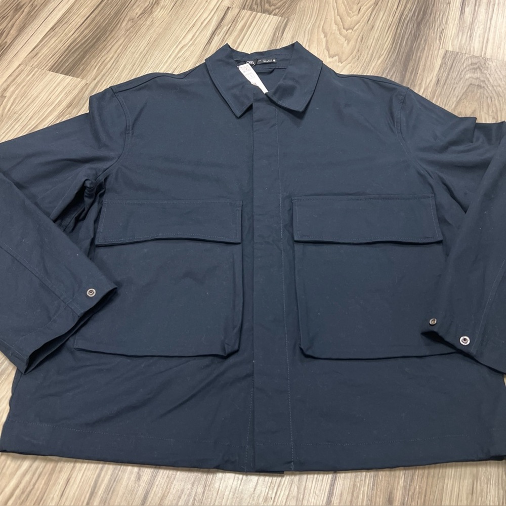 Zara Boxy Fit Pocket Overshirt Jacket Snap Up Cotton Navy Mens Large $90 NWT